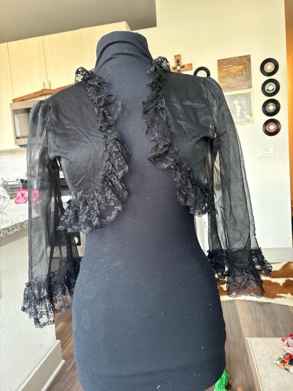 Black Sheer Lace Ruffle Bolero Shrug - Women
